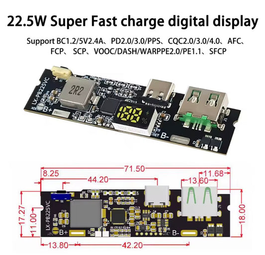 22.5W 2.4A Two-Way Fast Charging Mobile Power Bank 18650 Charging Module With Digital Display USB/type-c Port Support Vooc