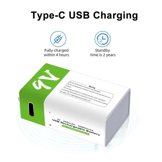 9V 650mAh Type-C Rechargeable Battery