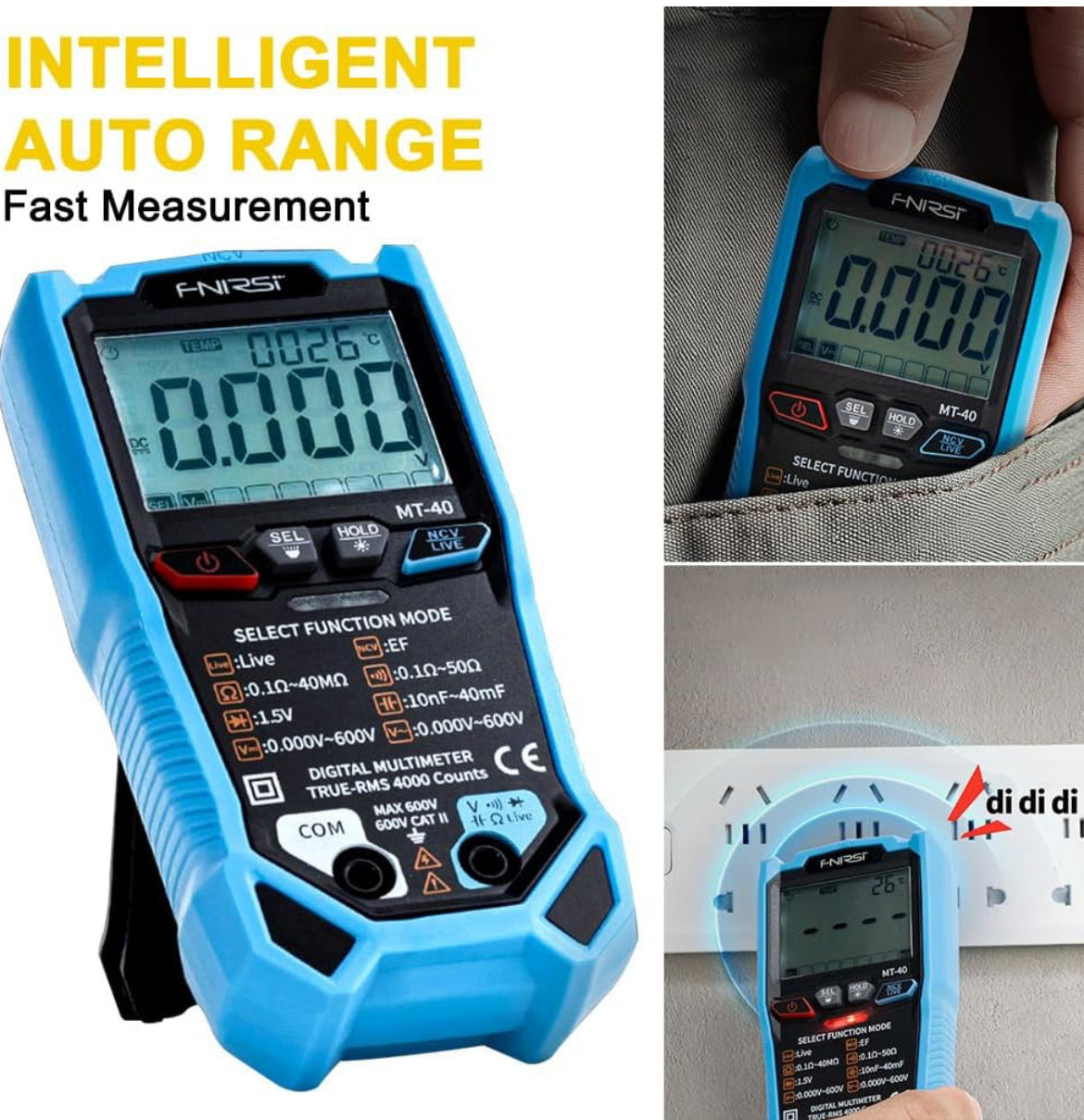 FNIRSI® MT-40 Smart Digital Multimeter 4000 Counts True RMS AC DC Voltage 600V Capacitance Ohm Hz NCV Live Wire Test Auto Range