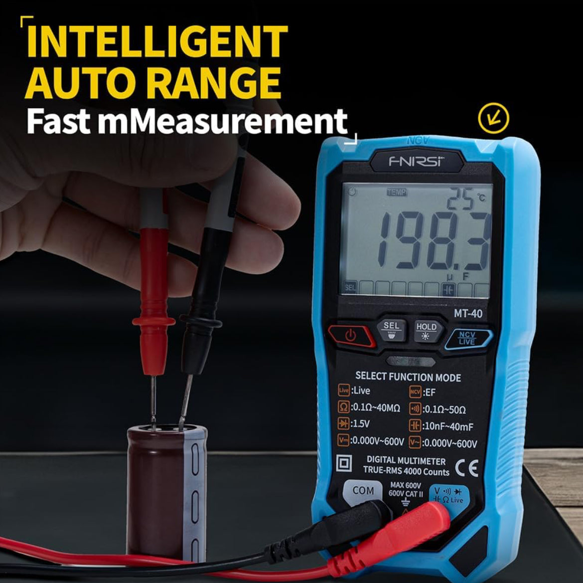 FNIRSI® MT-40 Smart Digital Multimeter 4000 Counts True RMS AC DC Voltage 600V Capacitance Ohm Hz NCV Live Wire Test Auto Range