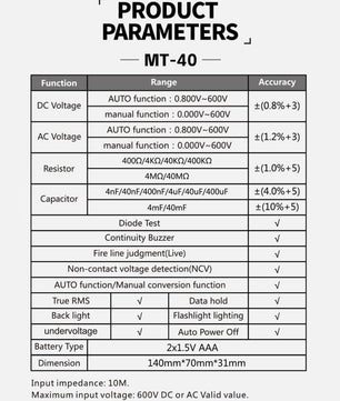 FNIRSI® MT-40 Smart Digital Multimeter 4000 Counts True RMS AC DC Voltage 600V Capacitance Ohm Hz NCV Live Wire Test Auto Range