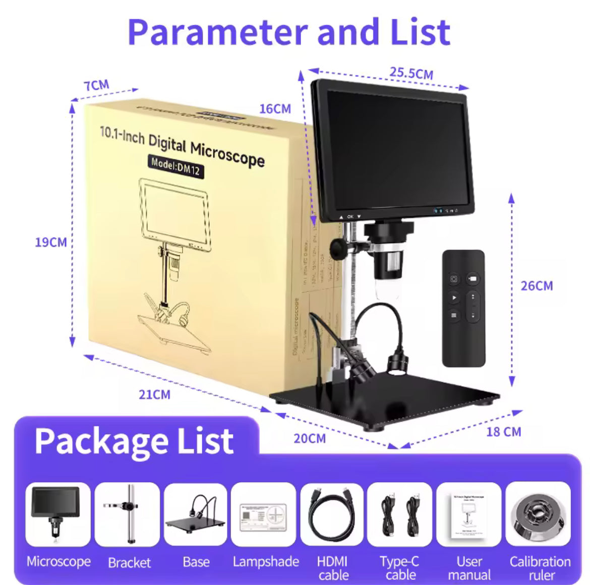 DM12 10.1-Inch 50X-1500X HDMI Digital Microscope IPS Screen 20MP مكبر ديجيتال