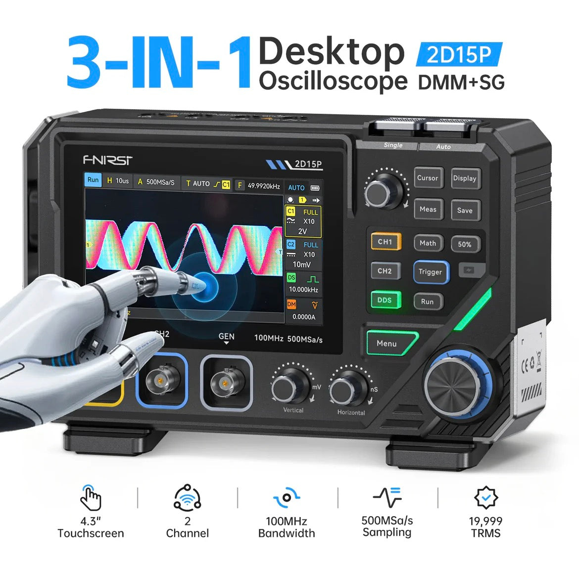 FNIRSI® 2D15P 3-In-1 Benchtop 2CH 100MHz Phosphor Oscilloscope Multimeter