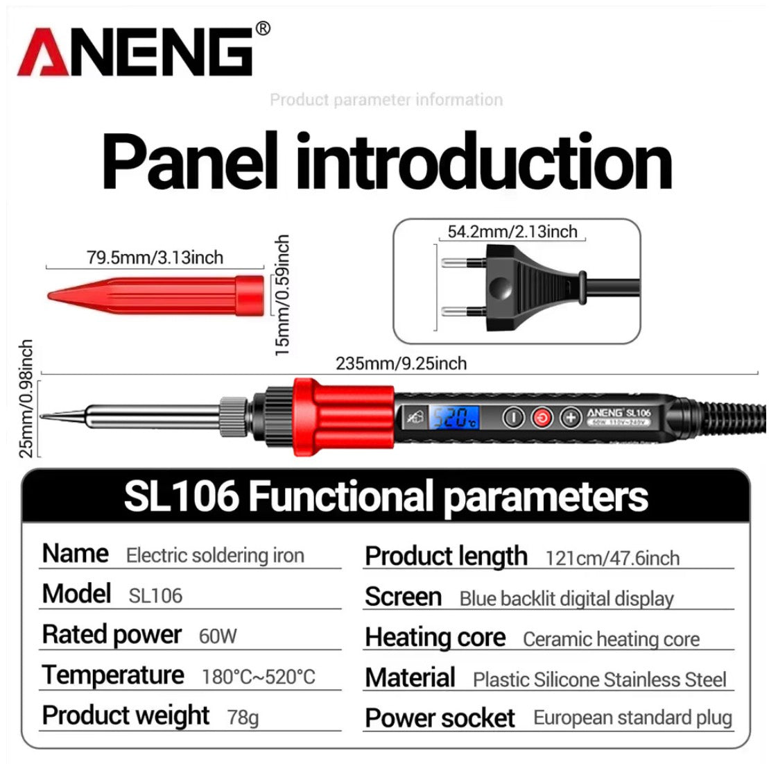 ANENG SL106 Electric Soldering Iron 60W Adjustable Temperature 180℃-520℃
