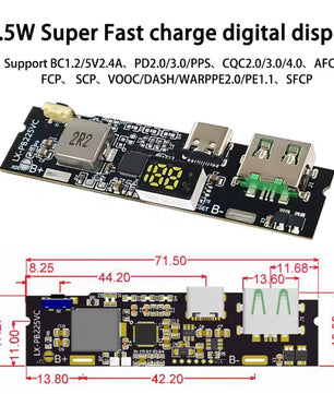 22.5W 2.4A Two-Way Fast Charging Mobile Power Bank 18650 Charging Module With Digital Display USB/type-c Port Support Vooc