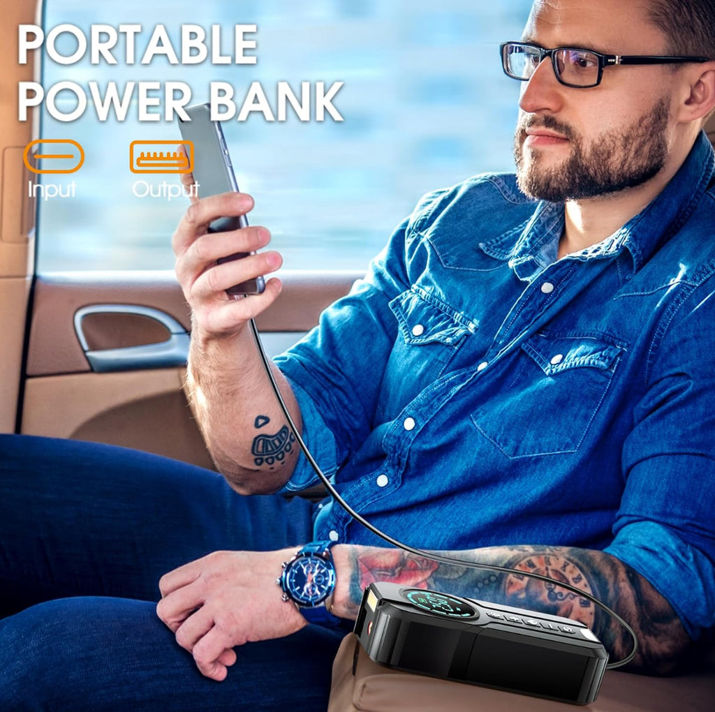 Portable Car Battery Jump Starter with Air Compressor, 1000A 150PSI Peak Jump Starter Battery Pack, 12V Jumper Starter Box باور بانك بطارية سيارة + كمبرسوري هواء
