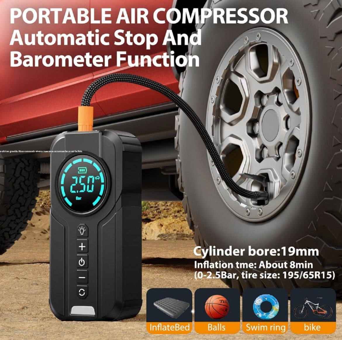 Portable Car Battery Jump Starter with Air Compressor, 1000A 150PSI Peak Jump Starter Battery Pack, 12V Jumper Starter Box باور بانك بطارية سيارة + كمبرسوري هواء