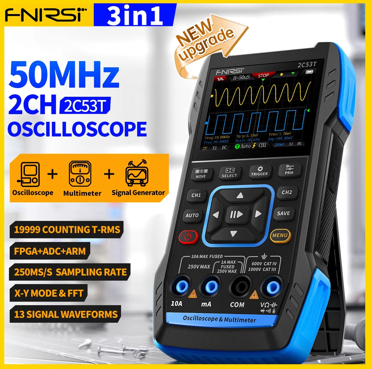 FNIRSI® 2C53T Handheld 3 in 1 50Mhz Oscilloscope Multimeter Signal Generator