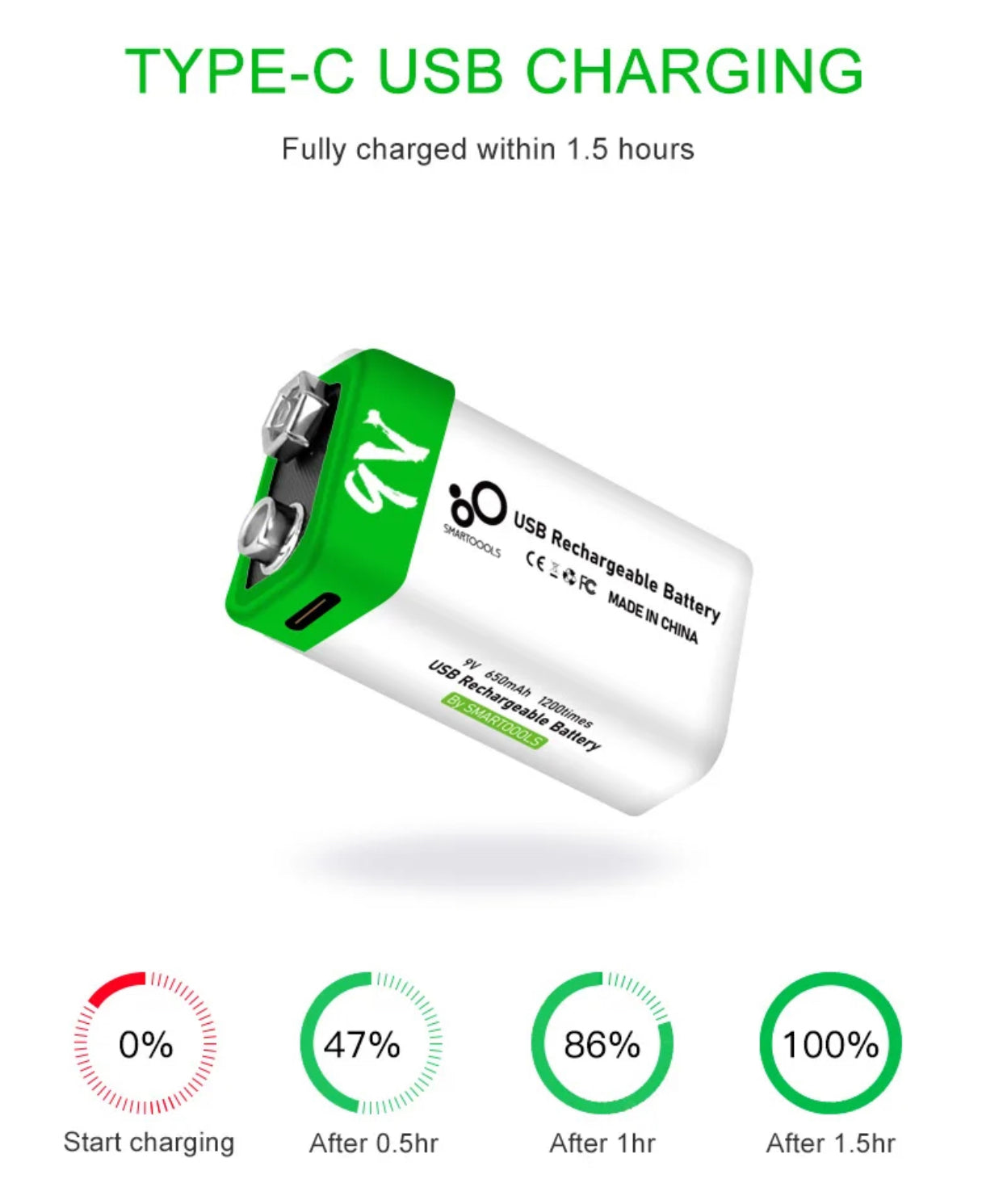 9V 650mAh Type-C Lithium Rechargeable Battery بطارية شحن تايب سي