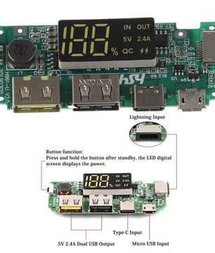 5V 2.4A Dual USB + Type-C + Micro + Lightning/Apple USB Power Bank With LED Display 18650 Charger Board