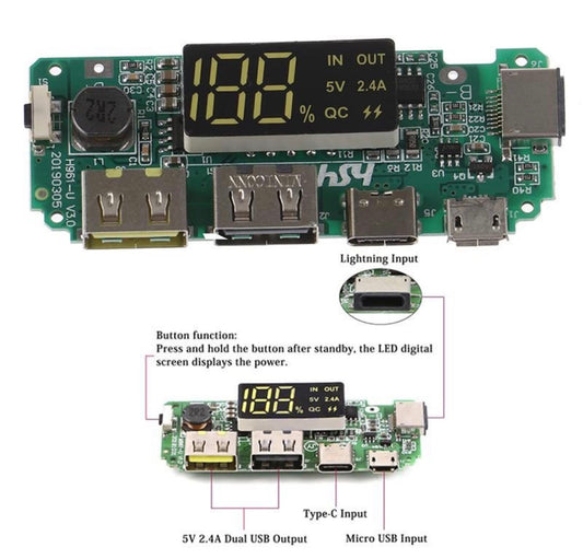 5V 2.4A Dual USB + Type-C + Micro + Lightning/Apple USB Power Bank With LED Display 18650 Charger Board