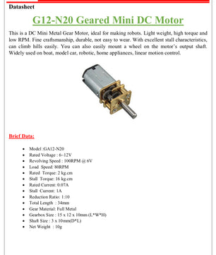 GA12-N20 100RPM Geared Mini DC Motor 6V-12V