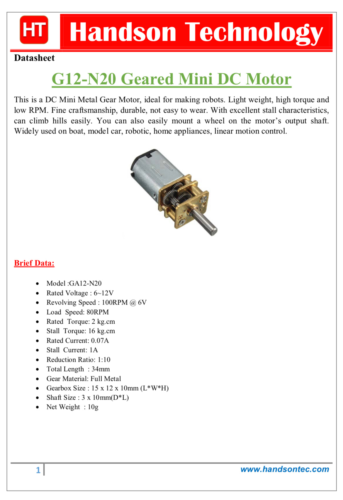 GA12-N20 Geared Mini DC Motor 6V-12V