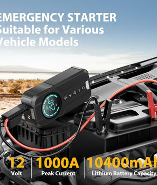 Portable Car Battery Jump Starter with Air Compressor, 1000A 150PSI Peak Jump Starter Battery Pack, 12V Jumper Starter Box باور بانك بطارية سيارة + كمبرسوري هواء