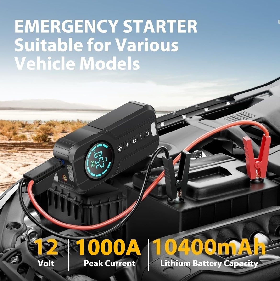 Portable Car Battery Jump Starter with Air Compressor, 1000A 150PSI Peak Jump Starter Battery Pack, 12V Jumper Starter Box باور بانك بطارية سيارة + كمبرسوري هواء
