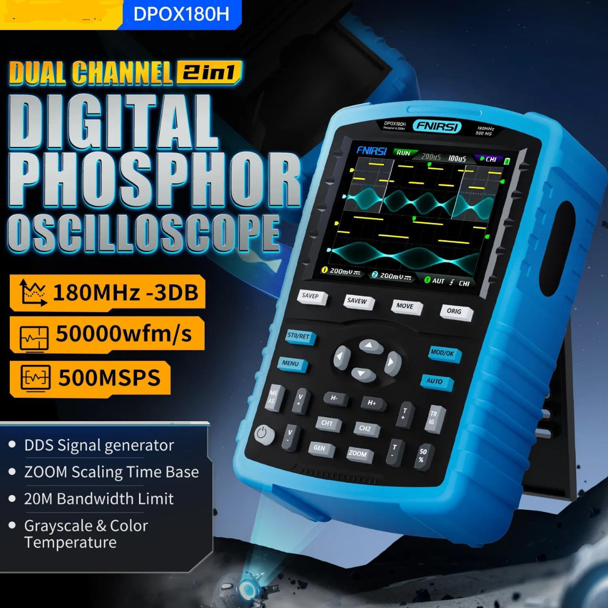 FNIRSI® DPOX180H 2 Channel 180MHZ 2-IN-1 Digial Phosphor Oscilloscope & Function Generator راسم و مولد إشارة