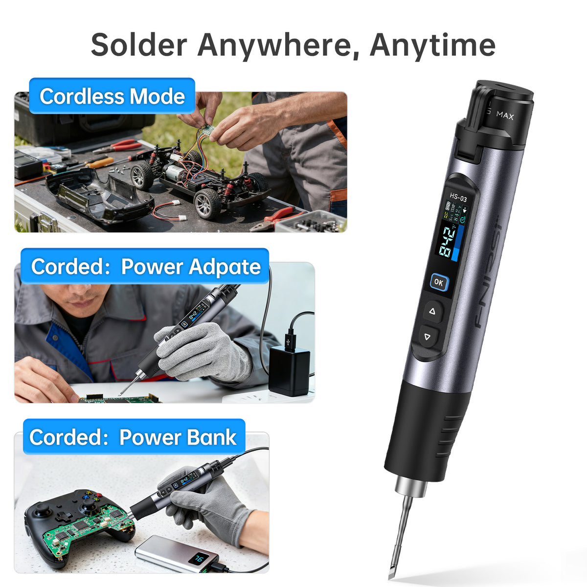 FNIRSI® HS-03 Cordless Soldering Iron, USB-C, 100–450°C كاوية محمولة