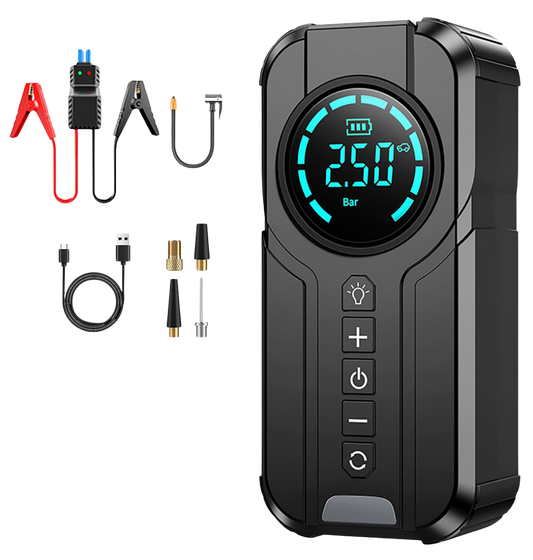 Portable Car Battery Jump Starter with Air Compressor, 1000A 150PSI Peak Jump Starter Battery Pack, 12V Jumper Starter Box باور بانك بطارية سيارة + كمبرسوري هواء