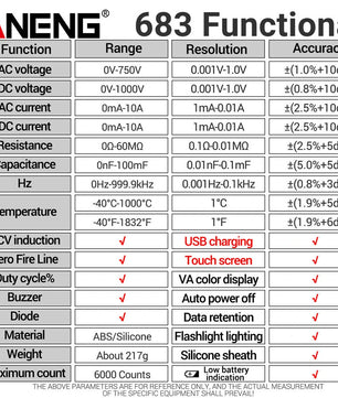 ANENG 683 Touch Smart Multimeter 6000 Counts Rechargeable جهاز قياس شاشة لمس