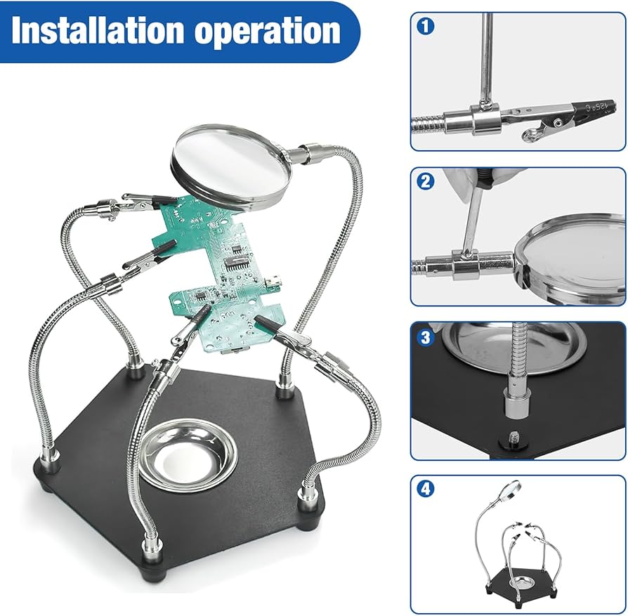 TE-806 Workbench 360° Rotation Welding Tool 5x Flexible Arms Clip & Magnifier حاملة لوحة مع مكبر