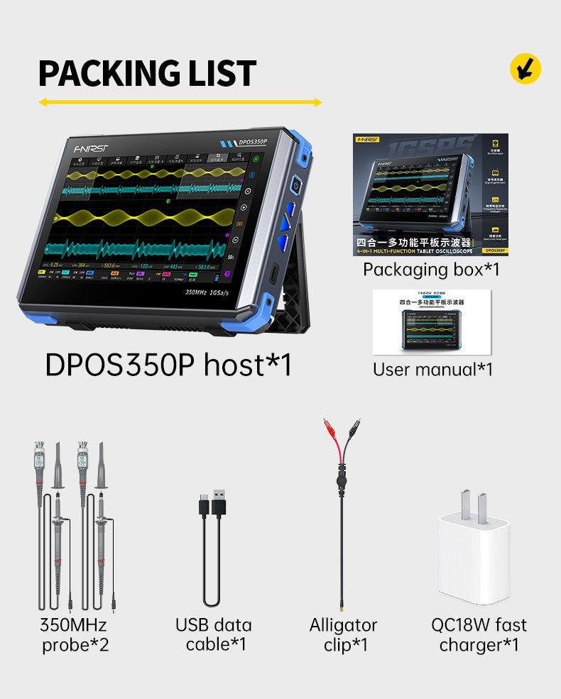 Fnirsi DPOS350P 4-IN-1 350MHz 1GSPS Touch Screen Tablet Oscilloscope Signal Generator Spectrum Analyzer Frequency Response Analyzer