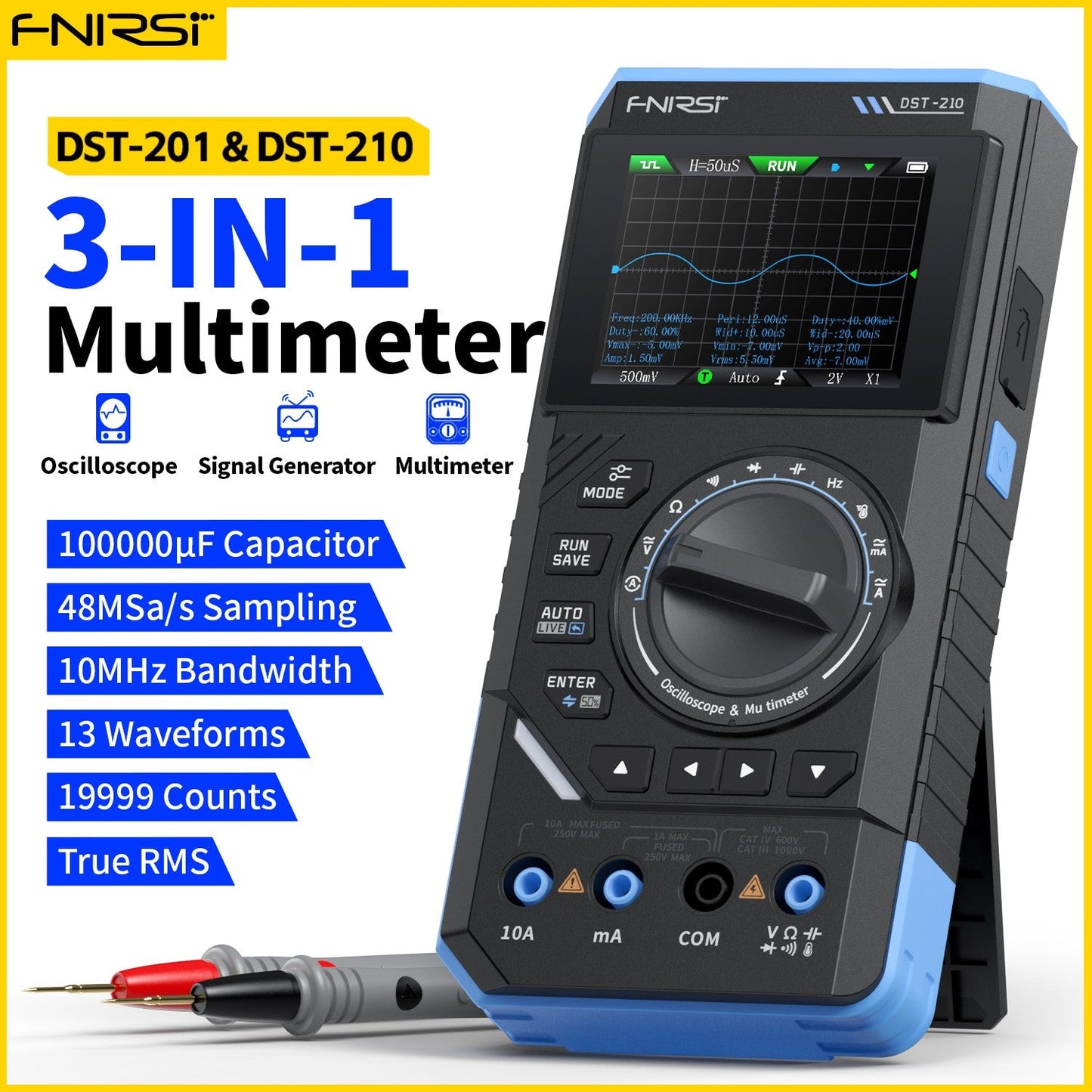 FNIRSI® DST-210 Handheld 3-in-1 Multimeter + 10Mhz Oscilloscope + Signal Generator