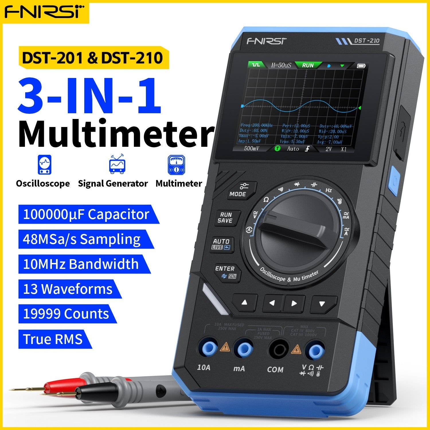 Fnirsi DST-210 Handheld 3-in-1 Multimeter + 10Mhz Oscilloscope + Signal Generator