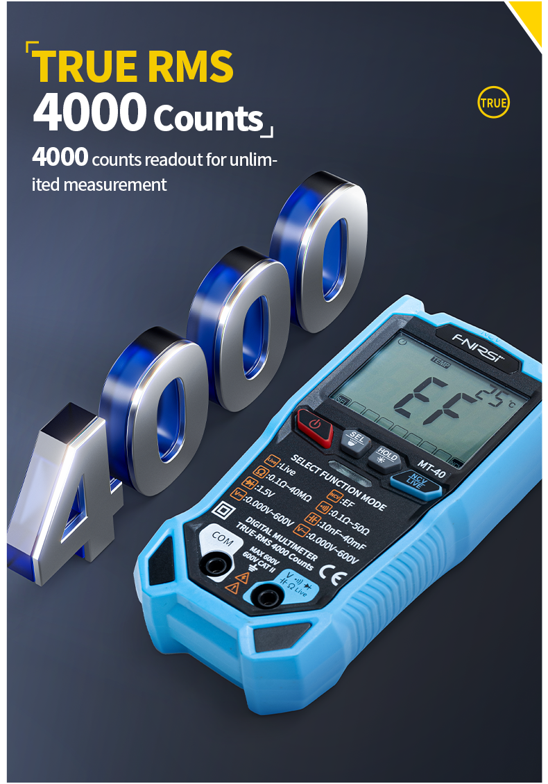 FNIRSI® MT-40 Smart Digital Multimeter 4000 Counts True RMS AC DC Voltage 600V Capacitance Ohm Hz NCV Live Wire Test Auto Range