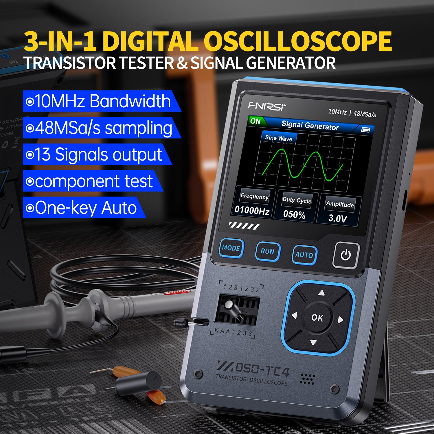 FNIRSI DSO-TC4 3in1 Digital Oscilloscope Transistor Tester Signal Generator 10MHz 48Ms/s Automative Ocsillscope LCR Tester