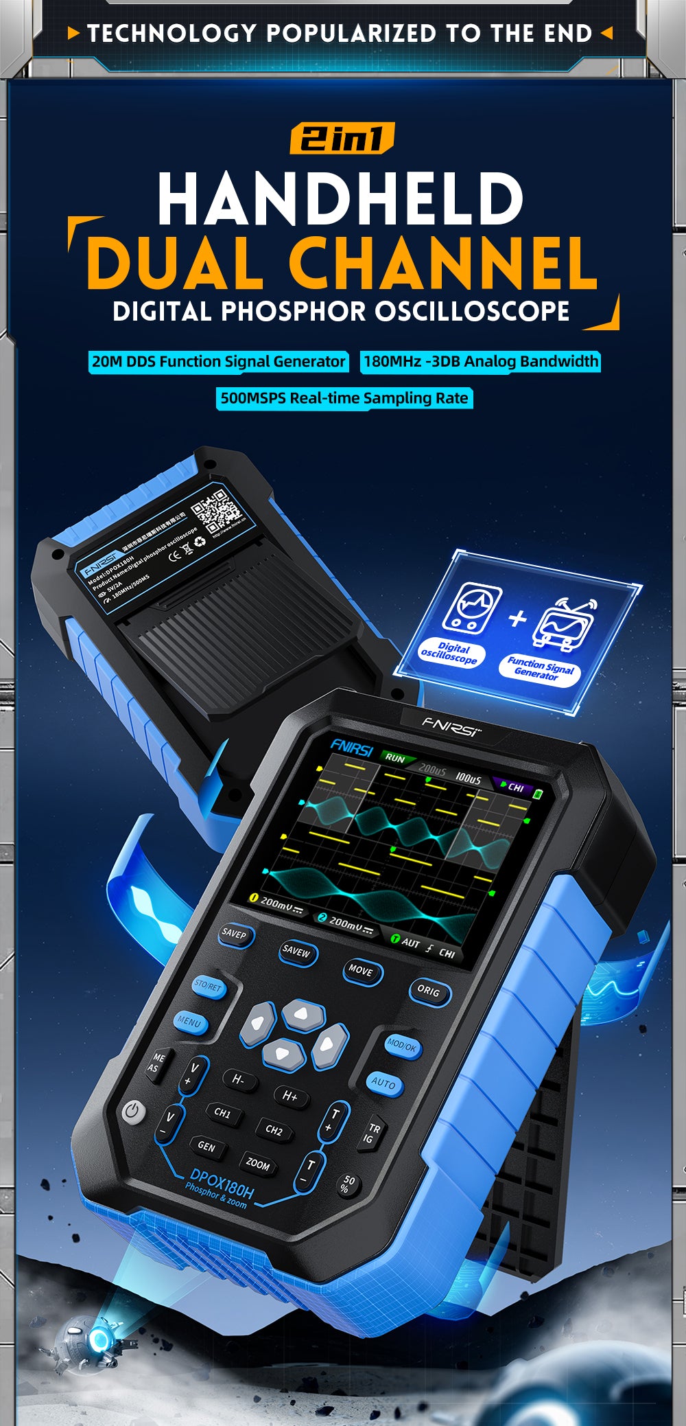 FNIRSI® DPOX180H 2 Channel 180MHZ 2-IN-1 Digial Phosphor Oscilloscope & Function Generator