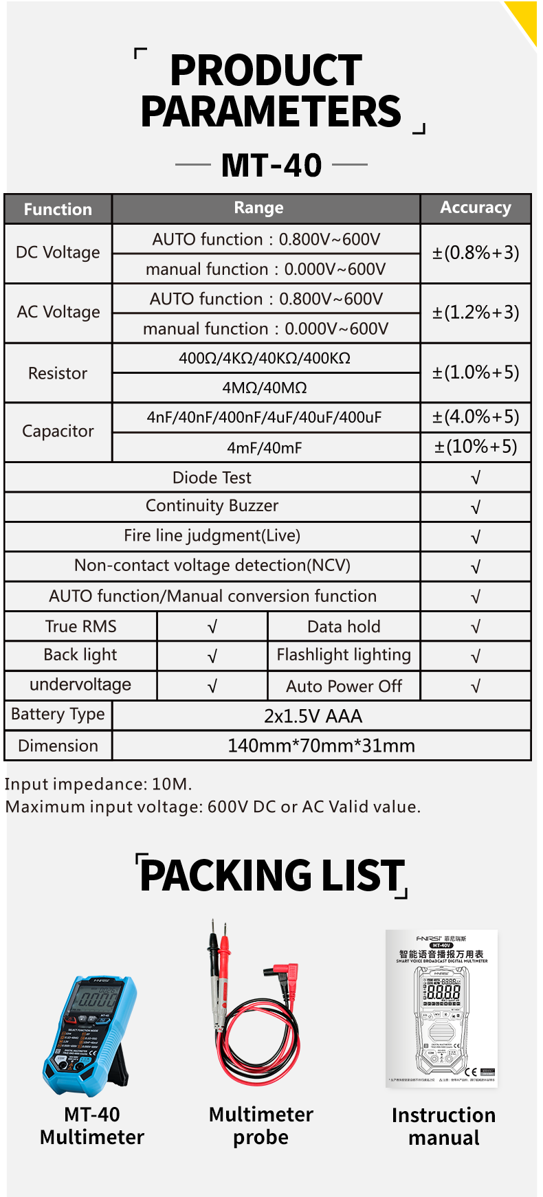 FNIRSI® MT-40 Smart Digital Multimeter 4000 Counts True RMS AC DC Voltage 600V Capacitance Ohm Hz NCV Live Wire Test Auto Range