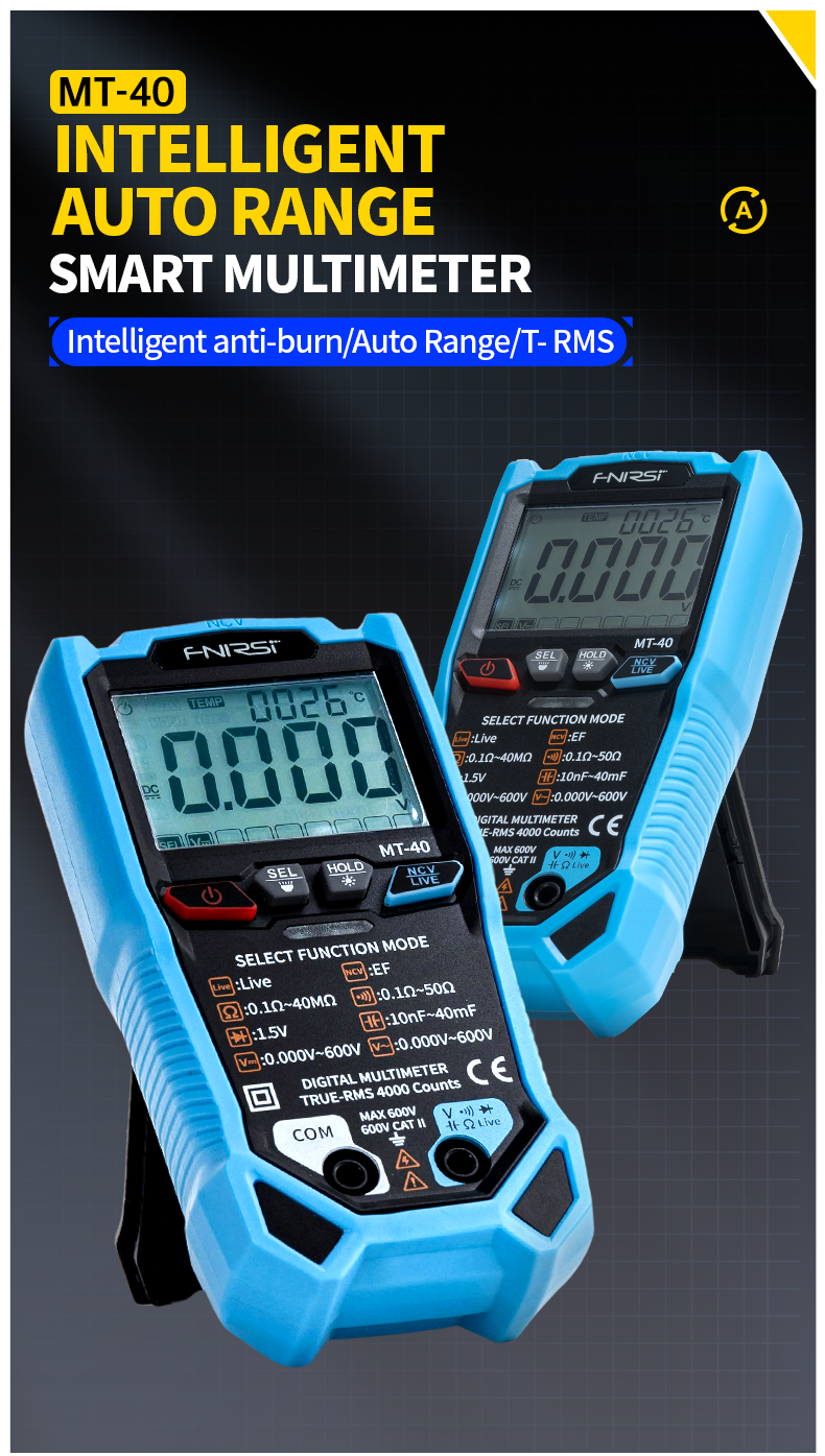FNIRSI® MT-40 Smart Digital Multimeter 4000 Counts True RMS AC DC Voltage 600V Capacitance Ohm Hz NCV Live Wire Test Auto Range