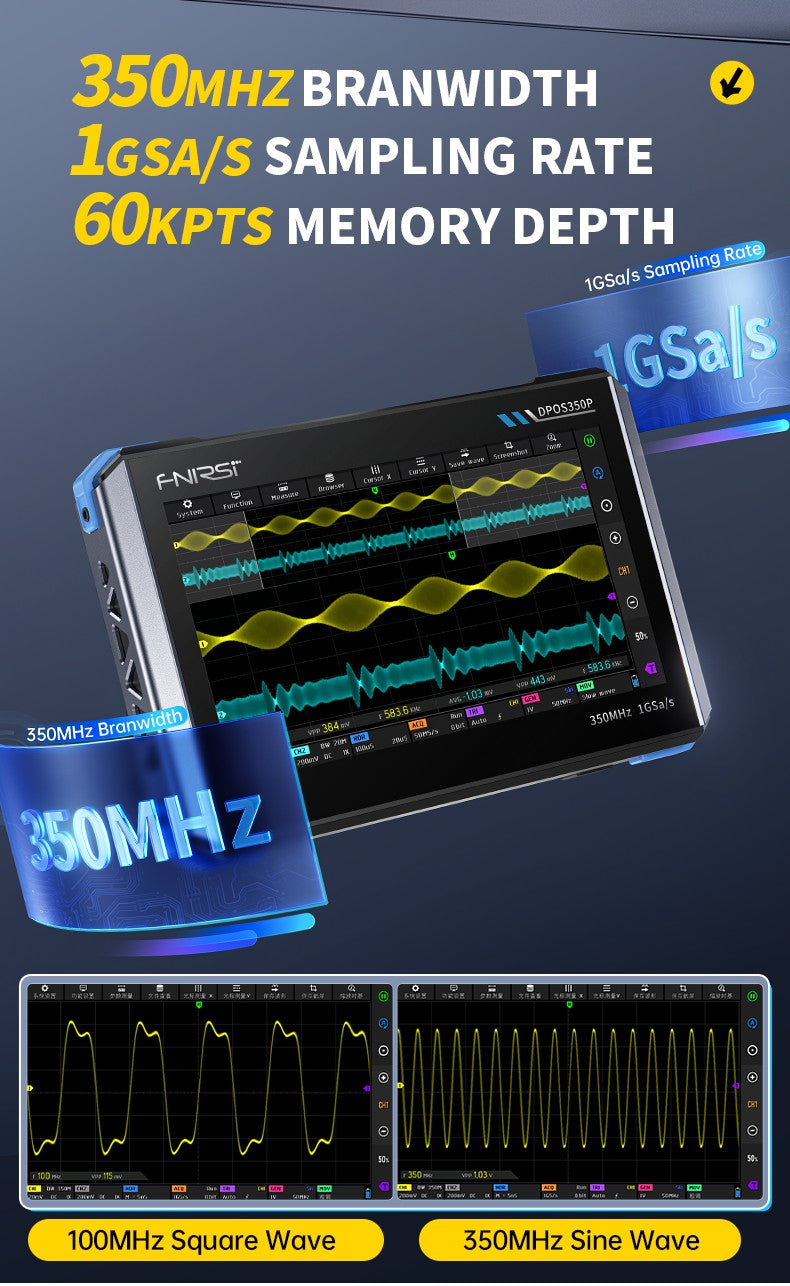 FNIRSI® DPOS350P 4-IN-1 350MHz 1GSPS Touch Screen Tablet Oscilloscope Signal Generator Spectrum Analyzer Frequency Response Analyzer
