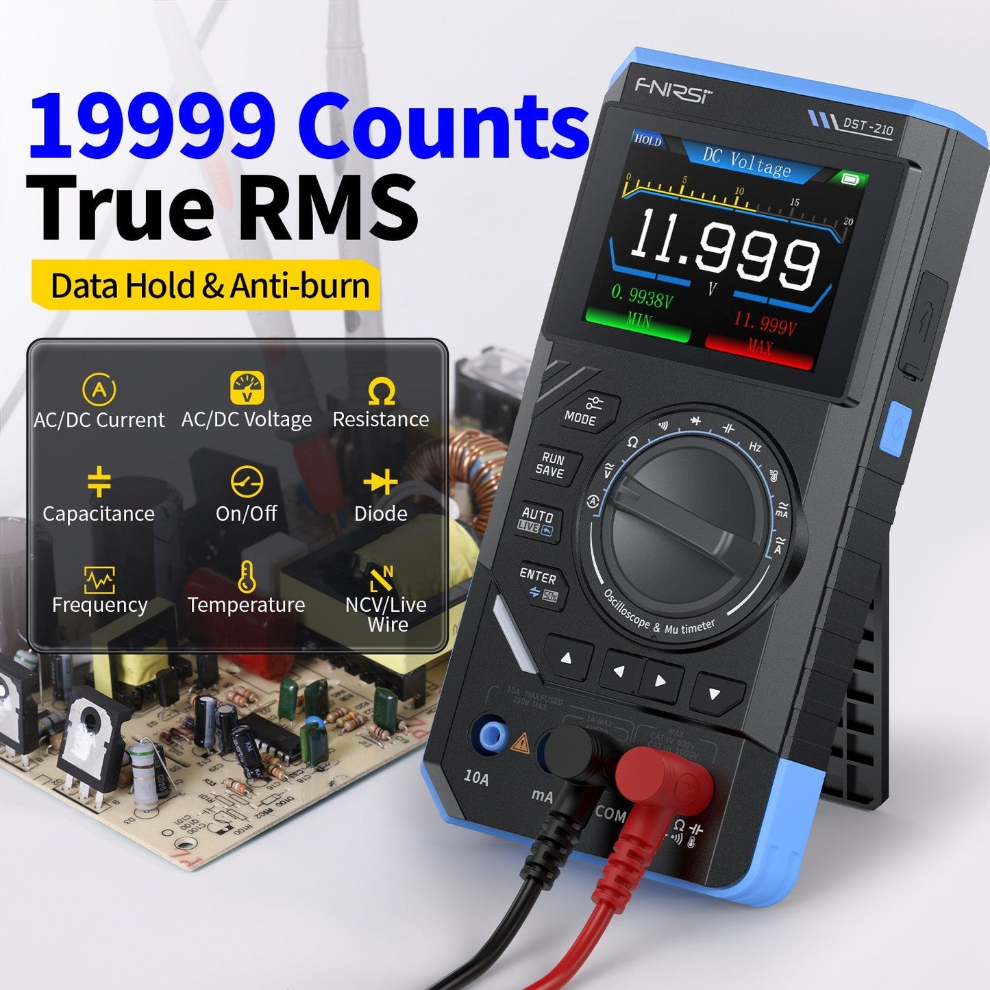 FNIRSI® DST-210 Handheld 3-in-1 Multimeter + 10Mhz Oscilloscope + Signal Generator