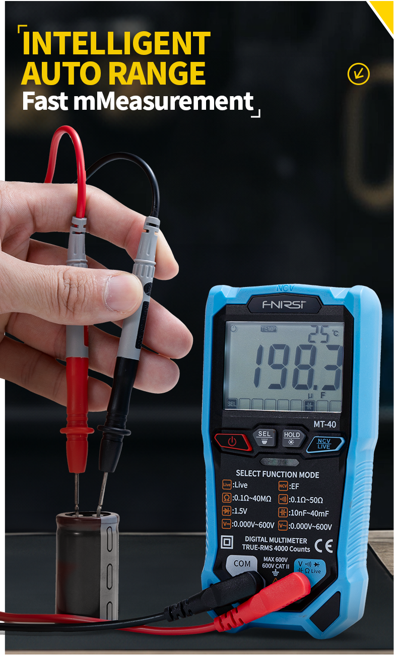 FNIRSI® MT-40 Smart Digital Multimeter 4000 Counts True RMS AC DC Voltage 600V Capacitance Ohm Hz NCV Live Wire Test Auto Range