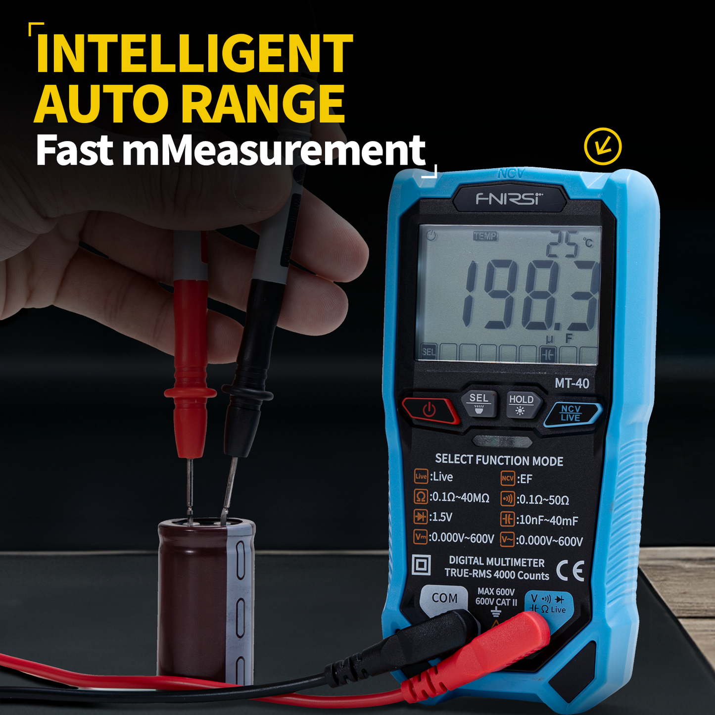 FNIRSI® MT-40 Smart Digital Multimeter 4000 Counts True RMS AC DC Voltage 600V Capacitance Ohm Hz NCV Live Wire Test Auto Range