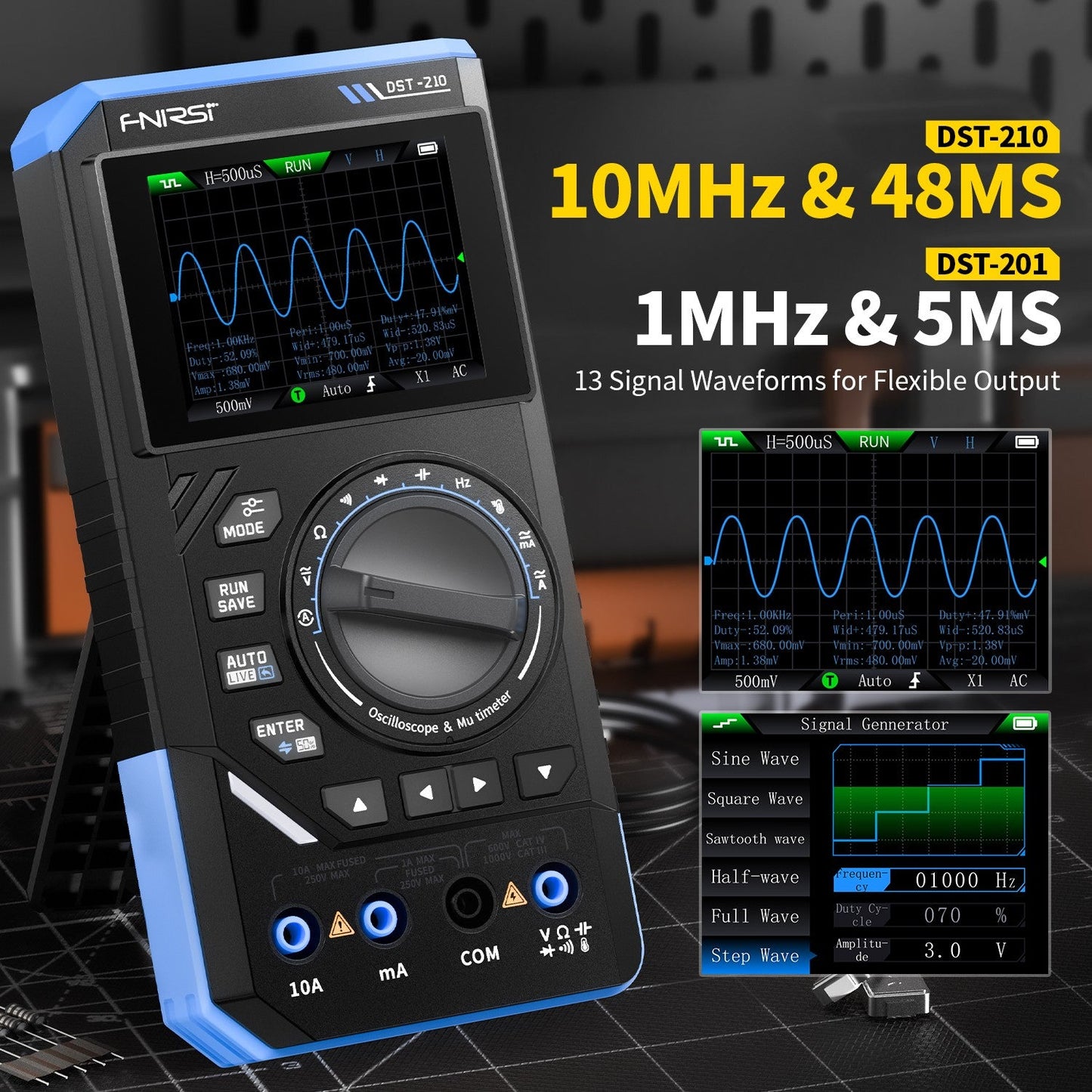 FNIRSI® DST-210 Handheld 3-in-1 Multimeter + 10Mhz Oscilloscope + Signal Generator