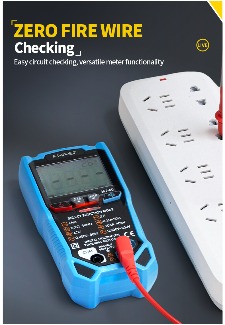 FNIRSI® MT-40 Smart Digital Multimeter 4000 Counts True RMS AC DC Voltage 600V Capacitance Ohm Hz NCV Live Wire Test Auto Range